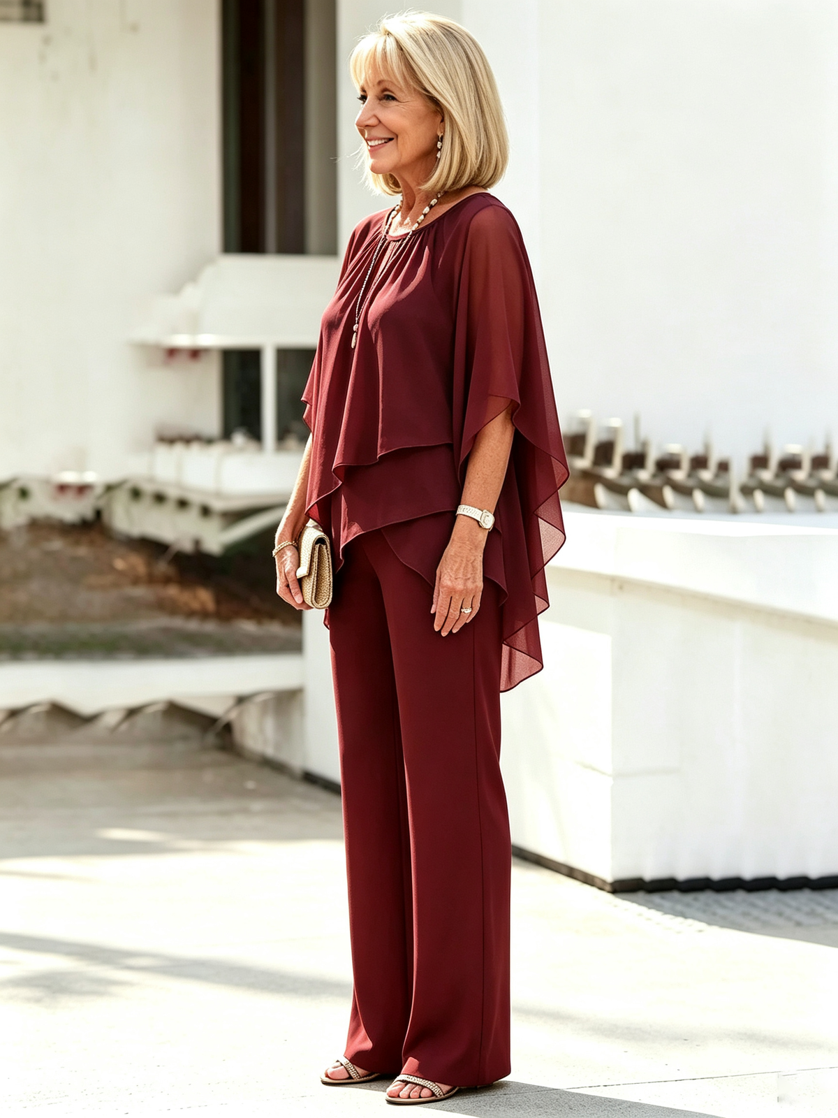2 Piece Pant Set, Round Neck Keyhole Cutout Chiffon Cape Top, Irregular Layered Hem, Loose Flowy Batwing Sleeves, High Waist Straight Wide Leg Trousers, Lightweight Sheer Fabric, Elegant Outfit Set for Wedding Guest and Formal Occasions