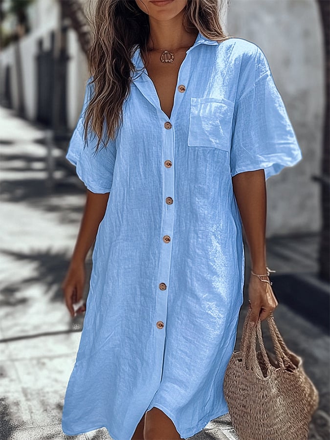 Women'S Casual Short-Sleeved Regular Long Shirt Dress