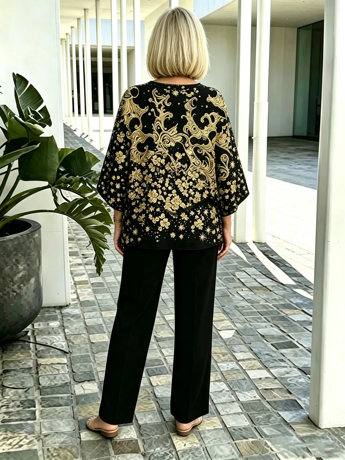 2Pcs Gold Foil Print Outfit Set Crew Neck Flutter Sleeve Layered Blouse with Straight Leg Pants Mother of the Bride Formal Evening Suits