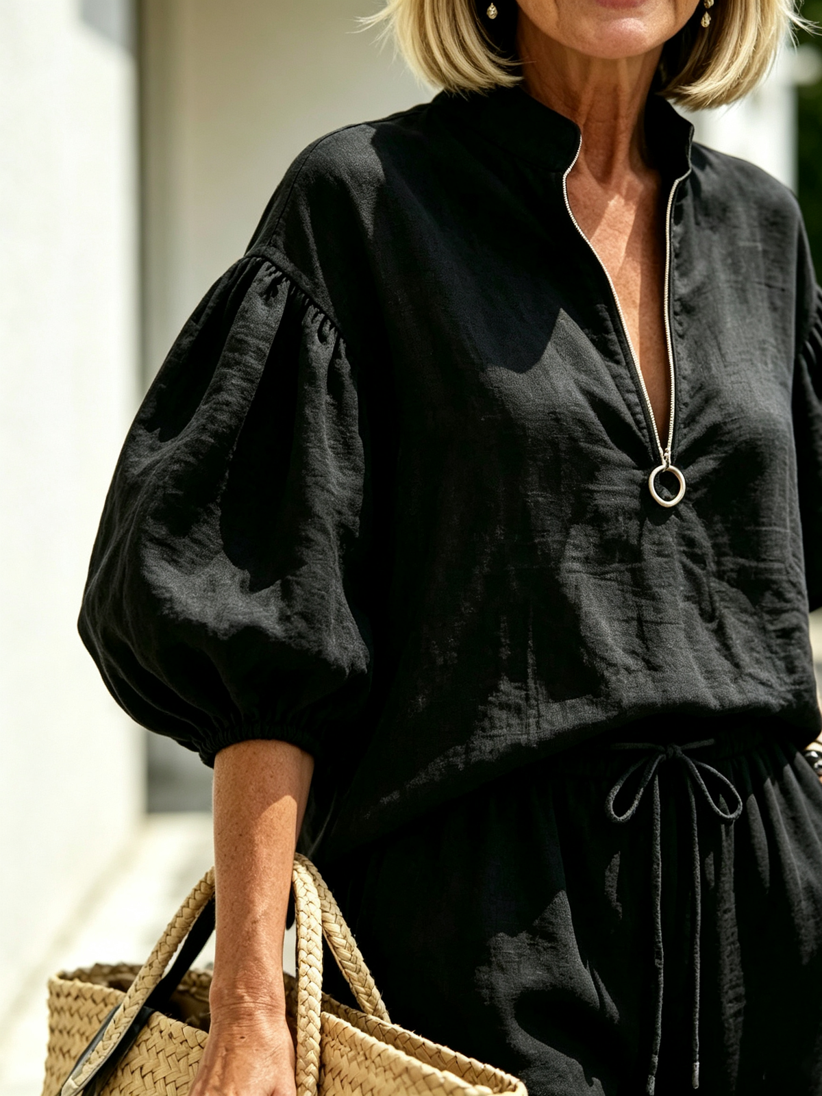 2Pcs Casual Matching Outfit Set, Stand Collar Half Zipper Top, Lantern Puff Sleeve Blouse, Solid Lightweight Textured Fabric, Elastic Drawstring Waist Wide Leg Long Pants, Relaxed Loose Fit Co-Ord Suit for Daily Leisure and Vacation