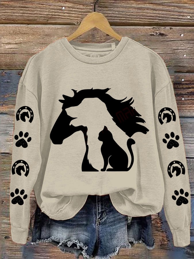 Women's Cat Dog Horse Silhouette Print Crewneck Long Sleeve Sweatshirt