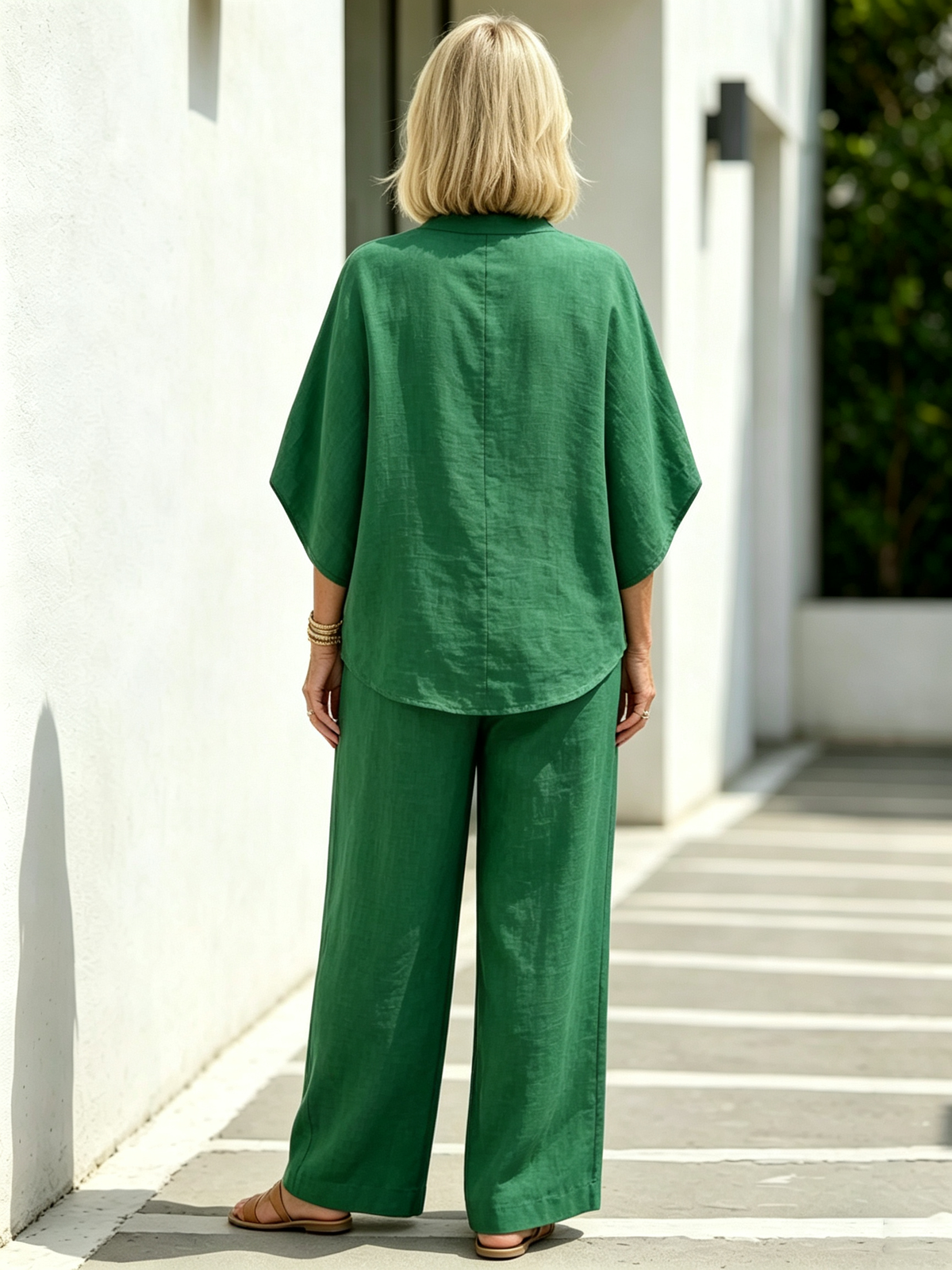 2Pcs Cotton and Linen Stand-up Collar Seven-quarter Sleeve Loose Sleeve Casual Suit