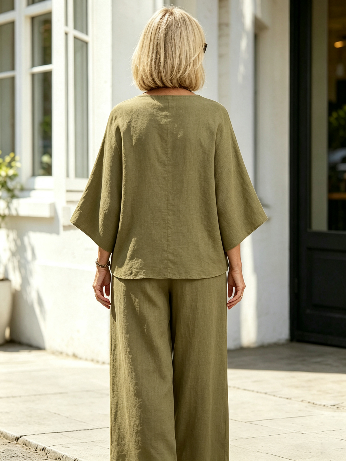 2Pcs OL style temperament women's clothing collage cotton and linen seven-quarter sleeve set size supply