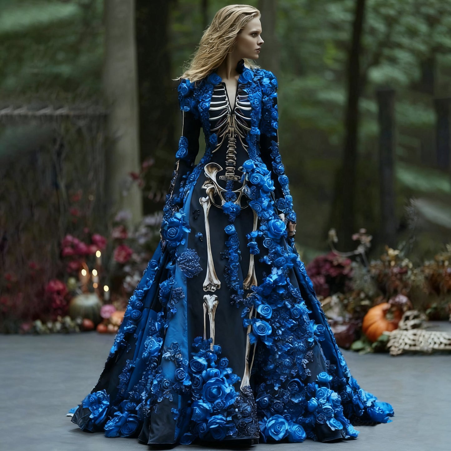 Women's Elegant Retro Skull Flower Pattern V-neck Long Sleeve Maxi Dress