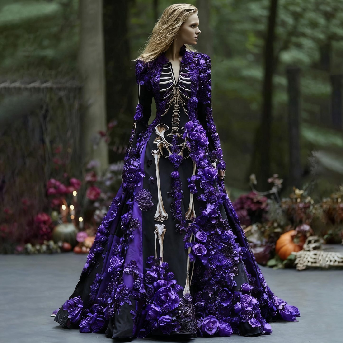 Women's Elegant Retro Skull Flower Pattern V-neck Long Sleeve Maxi Dress