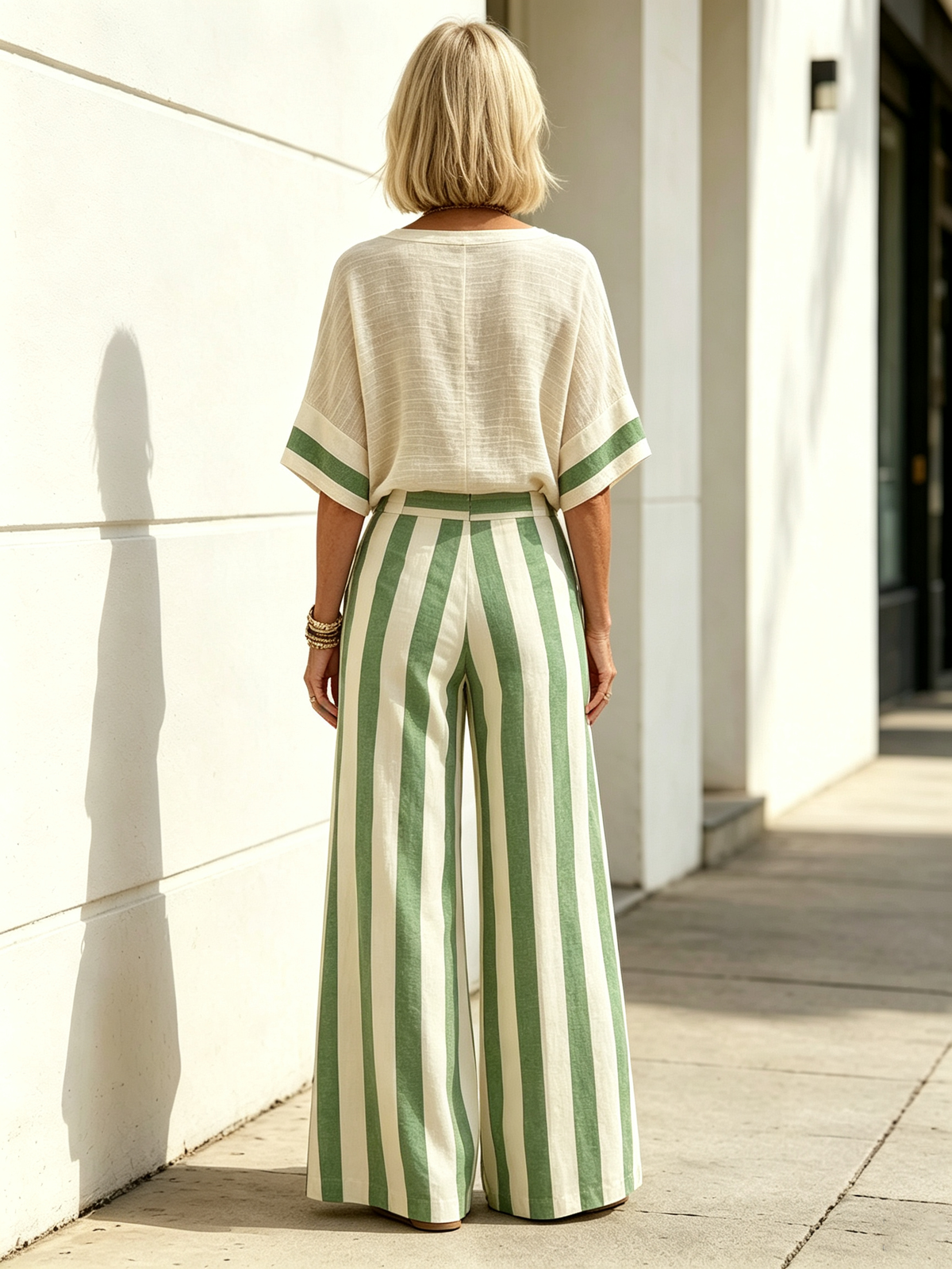 2Pcs Casual Cotton Linen Outfits Short Sleeve Loose Top with Striped Wide Leg Pants Set Summer Beach Vacation Holiday Streetwear Matching Sets