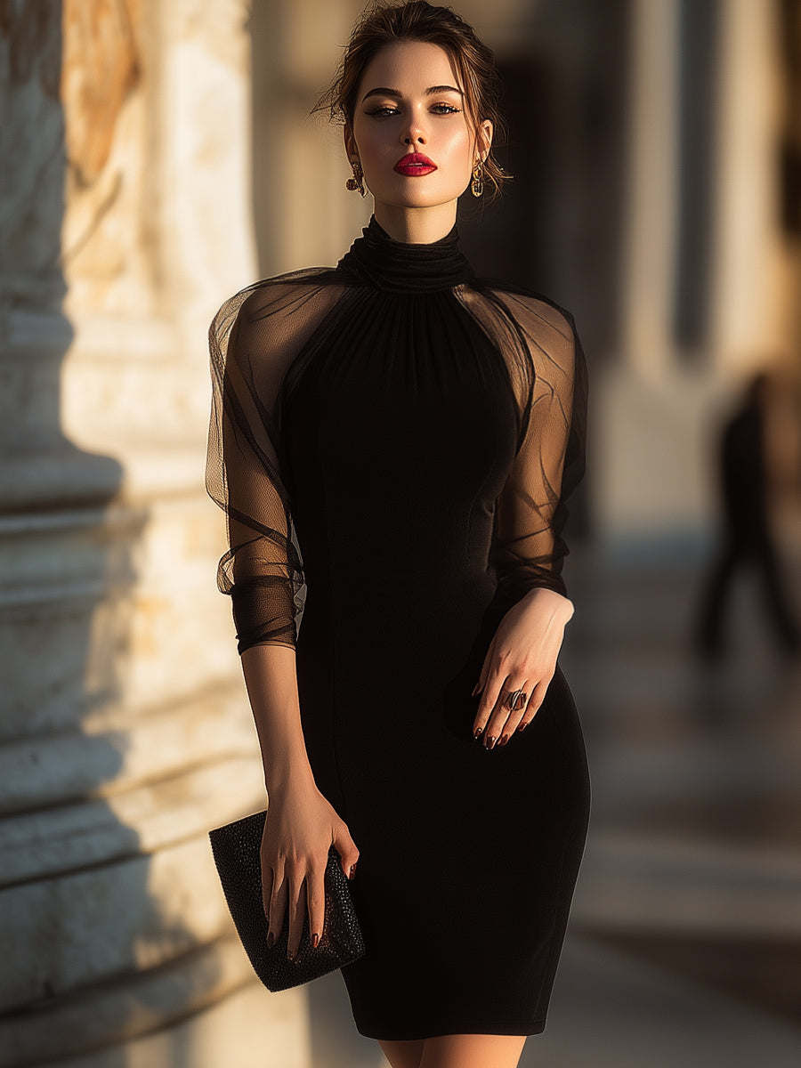 Sheer-Sleeve High-Neck Cocktail Dress