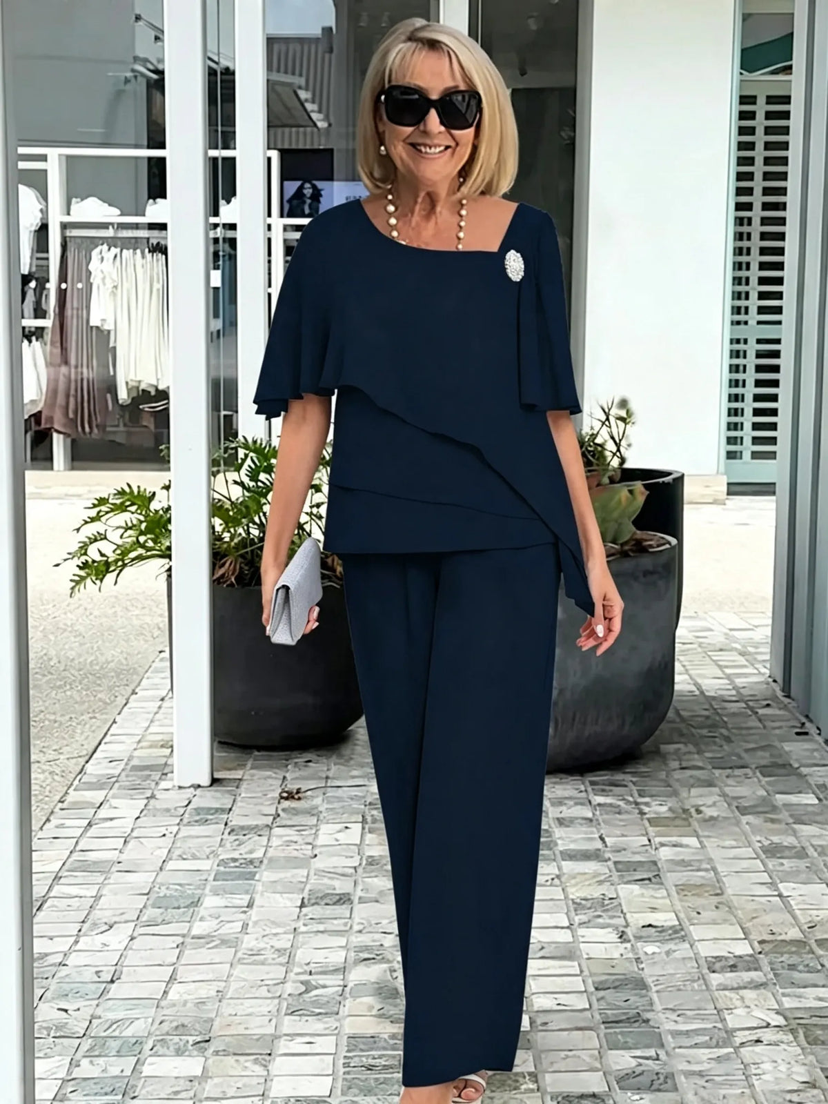 Women's 2 Piece Pants Outfit Set, Asymmetric Neck Flutter Sleeve Beaded Chiffon Top & Wide Leg Trousers, Elegant Loose Matching Two Piece Set for Wedding Guest Daily
