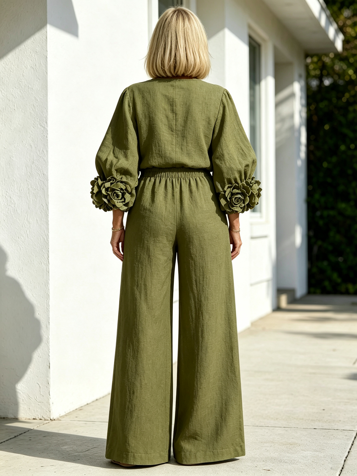 2Pcs Women Solid Color Linen Two Piece Pant Set, Crew Neck Long Sleeve Top with Statement 3D Floral Ruffle Cuffs, Elastic Waist Wide Leg Trousers, Relaxed Fit Matching Outfit for Casual Holiday Daily Outing