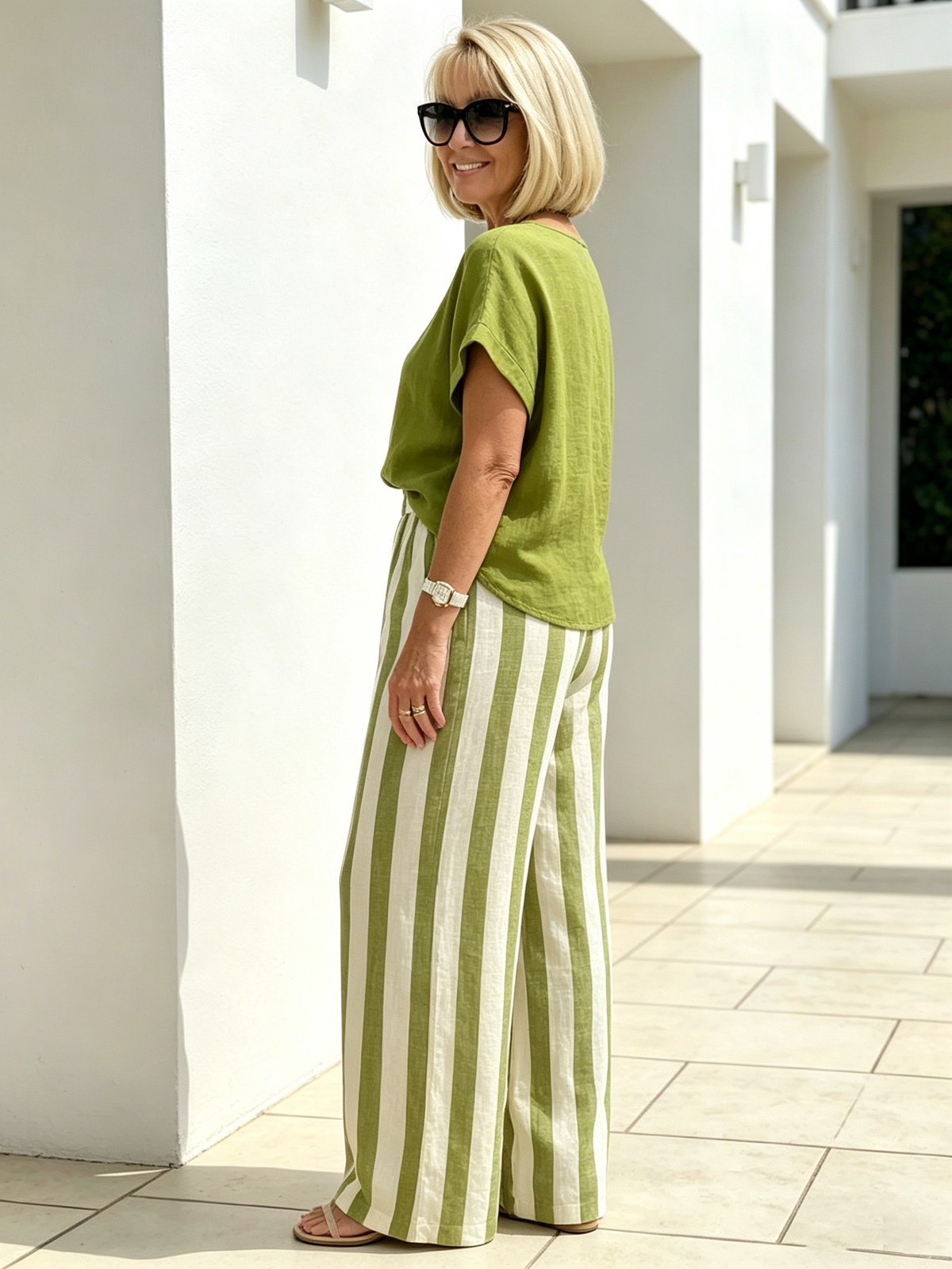 2Pcs Striped Cotton and Linen Two-piece Set