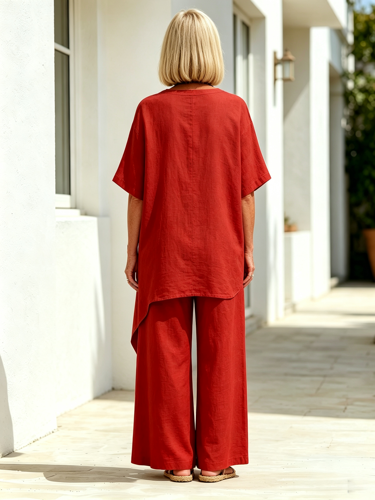 2Pcs Solid Color Cotton Linen Two-piece Outfit, Round Neck Short Sleeve Irregular Hem Tunic Top, Wide Leg Long Pants, Loose Relaxed Fit, Lightweight Breathable Fabric, Flowy Casual Coordinate Set for Daily, Holiday and Outdoor Occasions