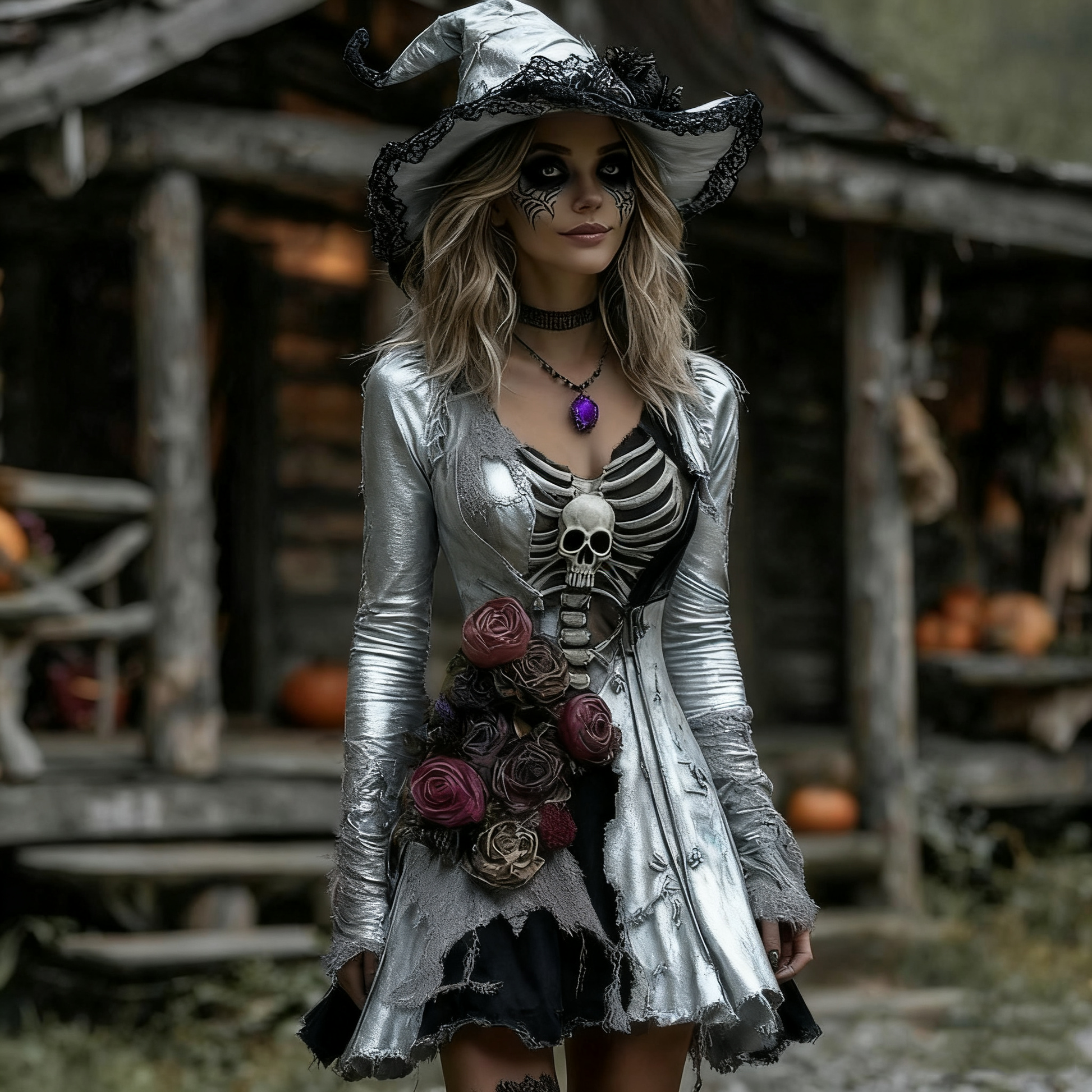Women's Halloween Rose Skeleton Witch Cosplay Midi Dress