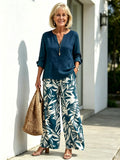 Plant-printed V-neck Vest Straight-leg Pants, Casual and Comfortable Suit