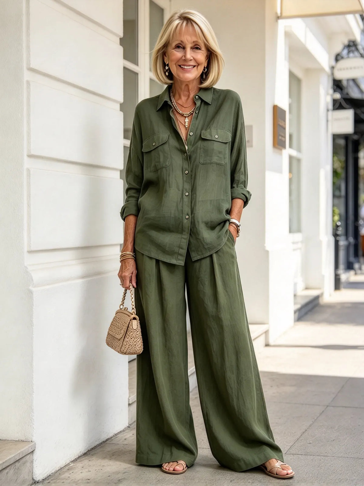 Linen Suit Breathable Light Long-sleeved Shirt Drape Wide-leg Pants Vacation Style Women's Clothing