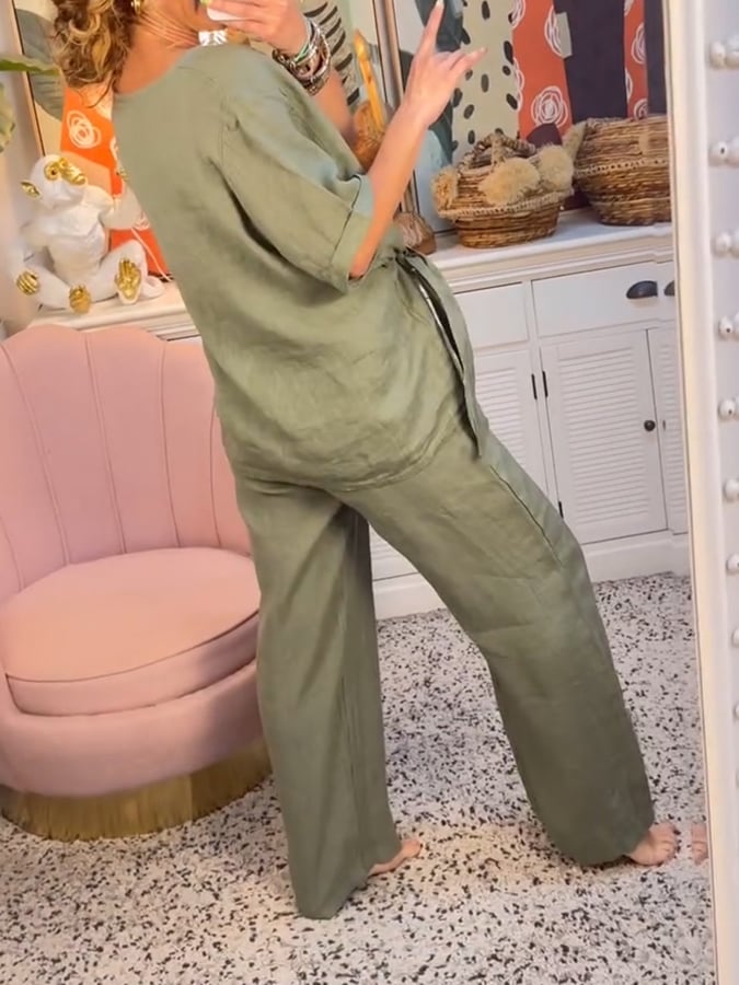 Women'S Solid Color Round Neck Side-Slit Knotted Cotton And Linen Two-Piece Set