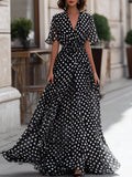 Polka Dot Chiffon V-Neck Maxi Dress
