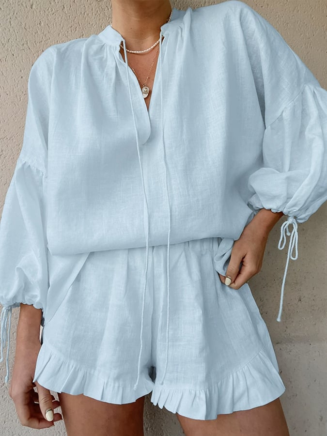 Women's Fashion Cotton and Linen Solid Color Loose V-Neck Lantern Sleeve Shorts Two-Piece Set