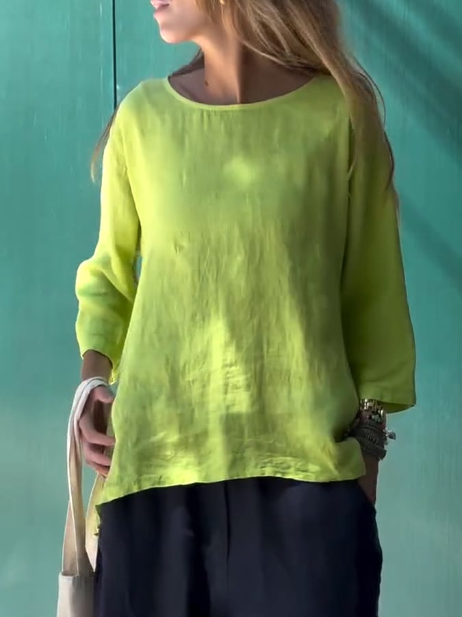 Women'S Casual Solid Color Round Neck Cotton And Linen Top