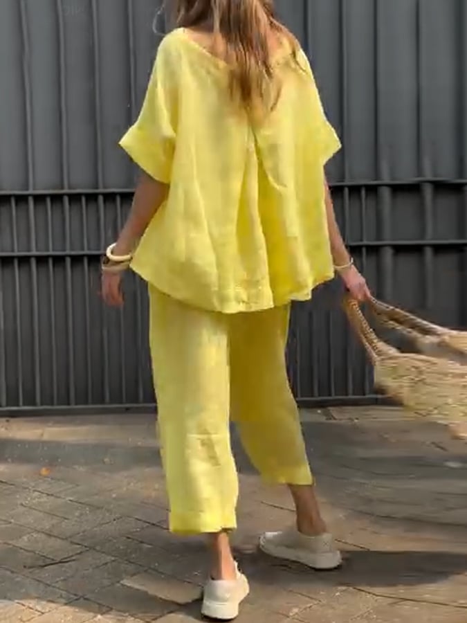 Women'S Casual Solid Color Short-Sleeved Cotton And Linen Suit