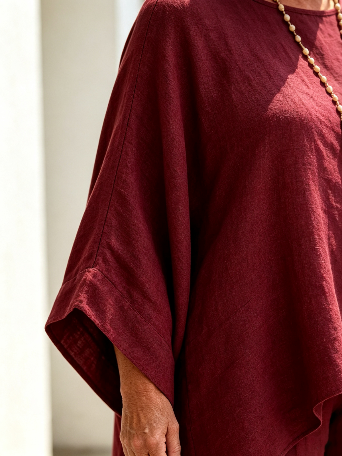2Pcs Elegant Women Solid Linen‐Blend Two‐Piece Set, Oversized Batwing Sleeve Uneven Hem Tunic Blouse, Breathable Flowy Wide Leg Floor‐Length Pants, Loose Comfortable Casual Co‐ord Suit for Beach Holiday Daily Street Wear