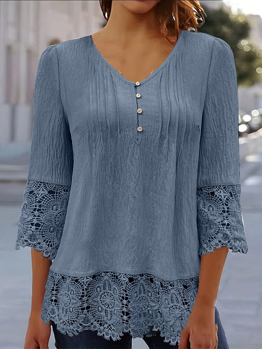 Women'S Casual Solid Color Lace Sleeve Top