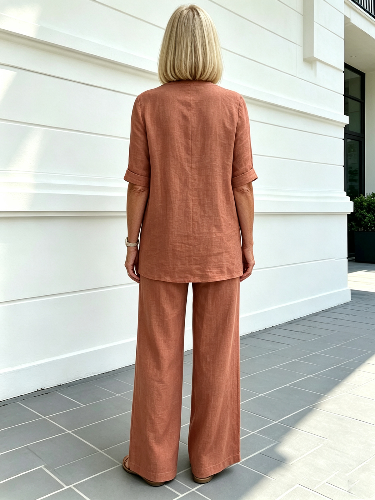 Casual Cotton and Linen Solid Color Fashion Casual Medium Sleeve V-neck Top Set