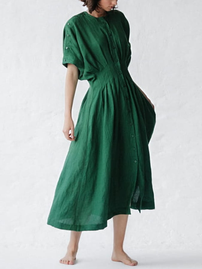Women's Solid Color Gathered Waist Button Linen Dress