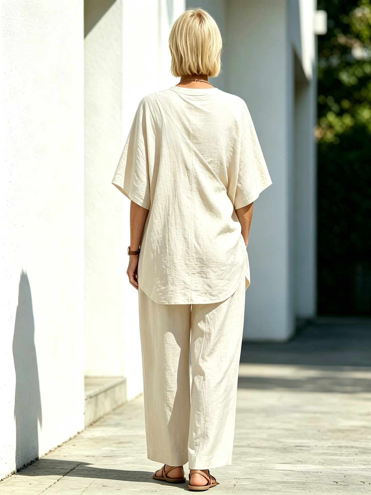 2Pcs Loose Short-sleeved Irregular Hem Top Wide-leg Pants Trousers Women's Suit