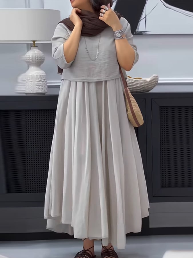 Women's Casual Solid Color Round Neck Three-quarter Sleeve Spliced Cotton and Linen Dress