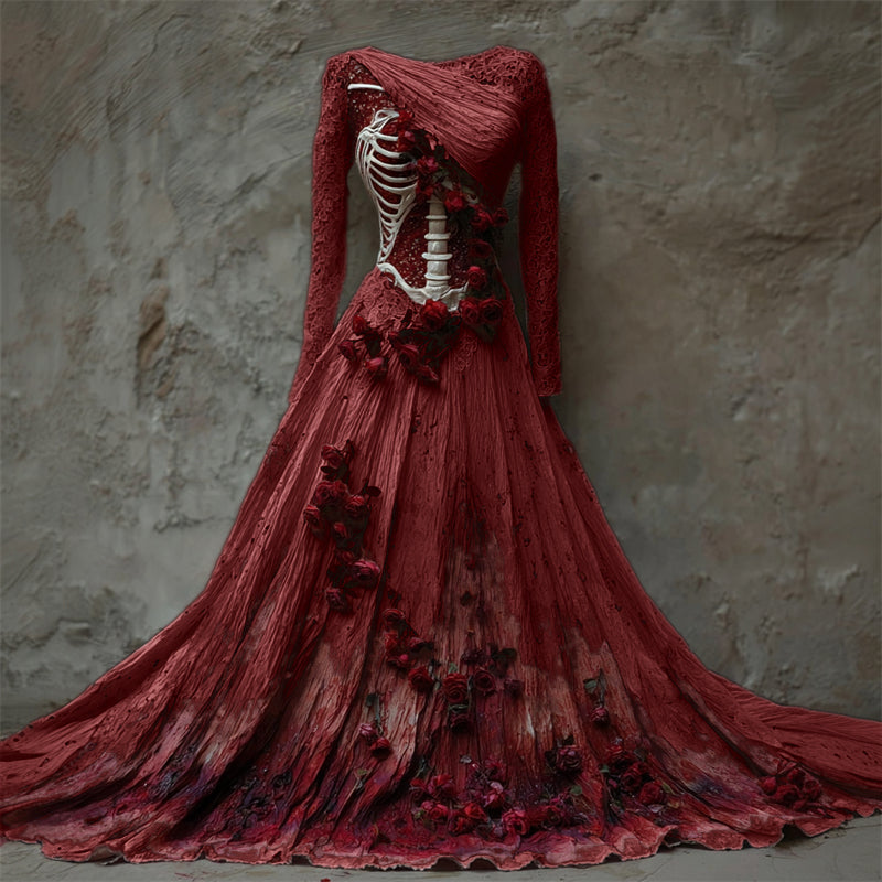 Halloween Bloody Red Roses Skeleton Lace Linen Maxi Dress