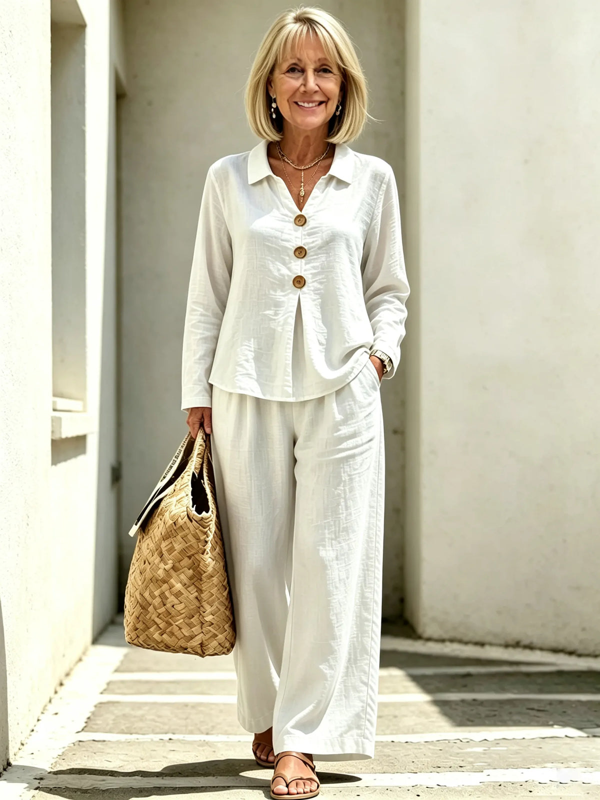 2 Piece Casual Outfit Set, Polo Collar Long Sleeve Button Front Blouse, Loose Solid Color Top, Elastic High Waist Wide Leg Trousers, Full Length Palazzo Pants, Soft Lightweight Textured Fabric, Relaxed Fit Matching Suit for Daily Wear, Vacation and Commut