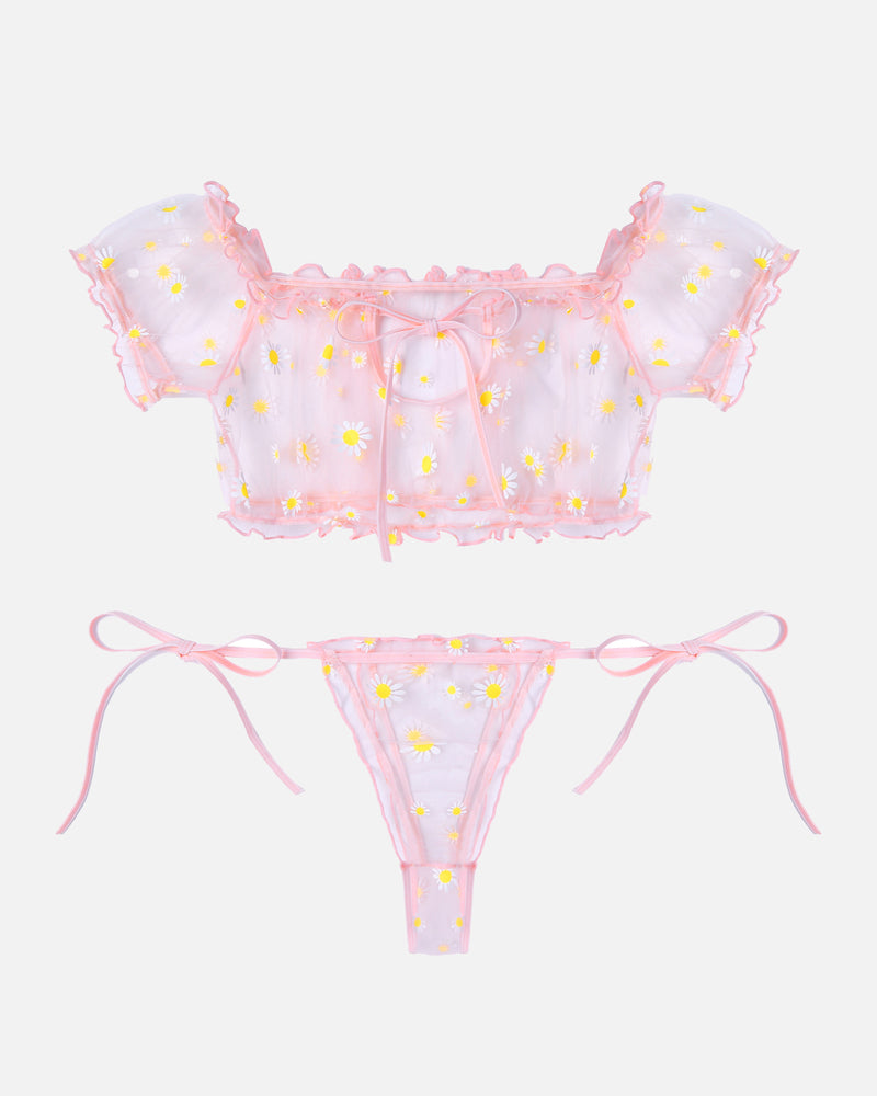 Floral Mesh Ruffle Lingerie Set