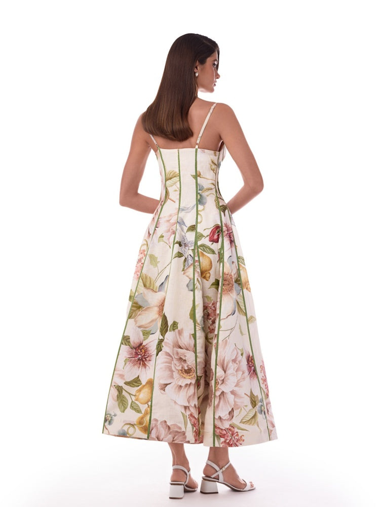 Cream Floral Corset Bustier Midi Dress