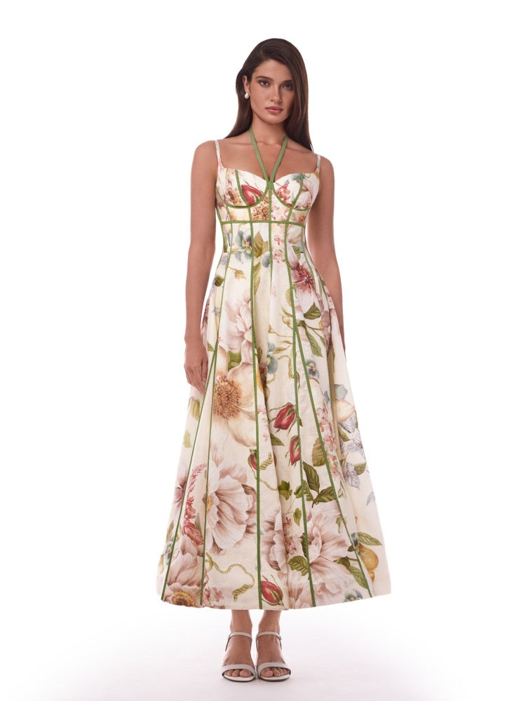 Cream Floral Corset Bustier Midi Dress