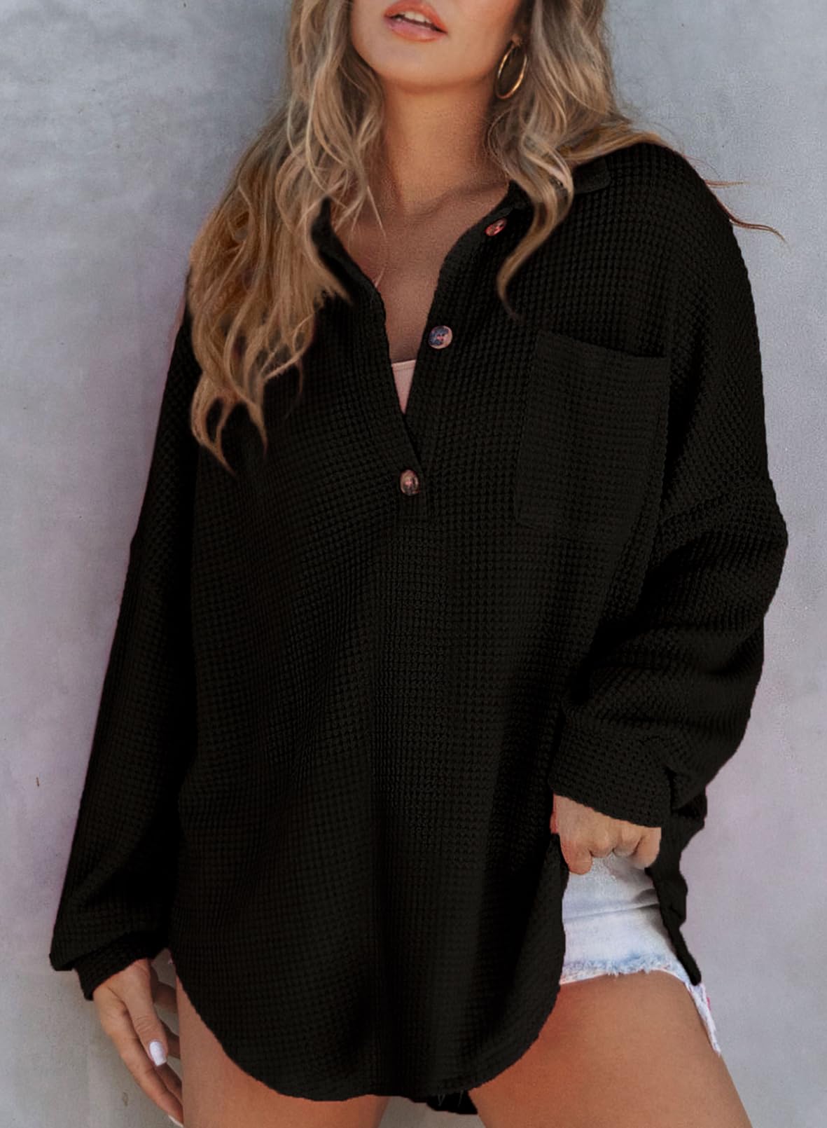 2024 New Women's Waffle Knit Henley V Neck Shirt Jacket(buy 2 10% OFF)