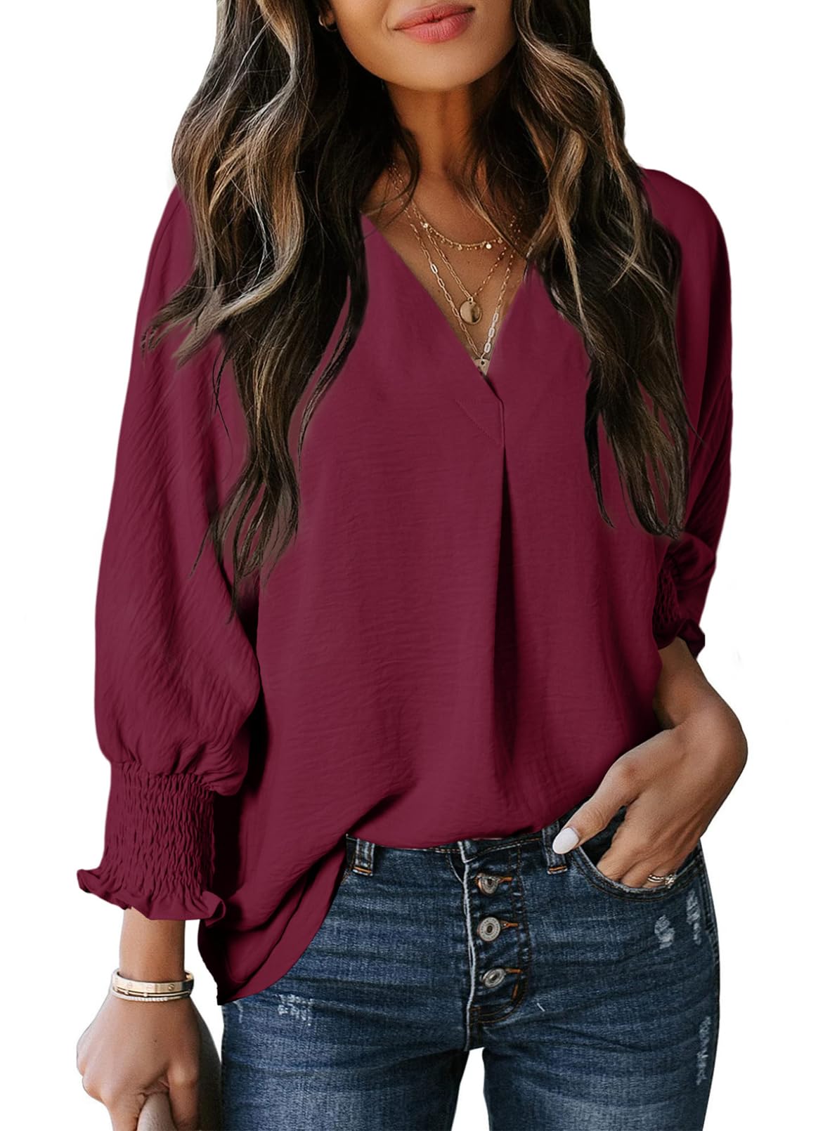 Limited time sale 🔥Womens Casual 3/4 Sleeve V Neck Loose Fit Basic Tees (BUY 3 FREE SHIPPING)