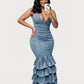 Washed Denim Overalls Deep V-Neck Multi Layered Ruffle Maxi Dress