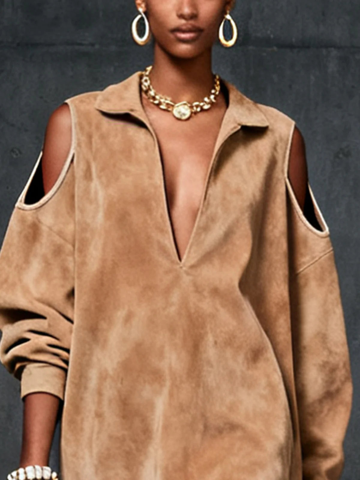 Camel Faux Suede Cold-Shoulder Mini Dress