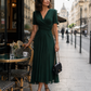 V-Neck Wrap-Style Midi Dress With Waist Draping Detail