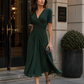 V-Neck Wrap-Style Midi Dress With Waist Draping Detail