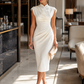 Asymmetric Draped High-Neck Sculpted Midi Dress