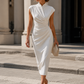 Asymmetric Draped High-Neck Sculpted Midi Dress
