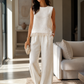 Sleeveless Textured Top And Wide-Leg Pants Set With Frayed Hem Detail