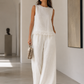 Sleeveless Textured Top And Wide-Leg Pants Set With Frayed Hem Detail
