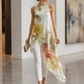 Sheer Floral Asymmetric Overlay Top & Tailored Pants Set