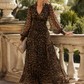 Leopard Print Wrap Midi Dress With Long Sleeves