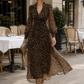 Leopard Print Wrap Midi Dress With Long Sleeves