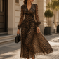 Leopard Print Wrap Midi Dress With Long Sleeves