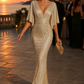 Metallic Pleated Deep V-Neck Ruched Maxi Dress