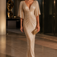 Metallic Pleated Deep V-Neck Ruched Maxi Dress